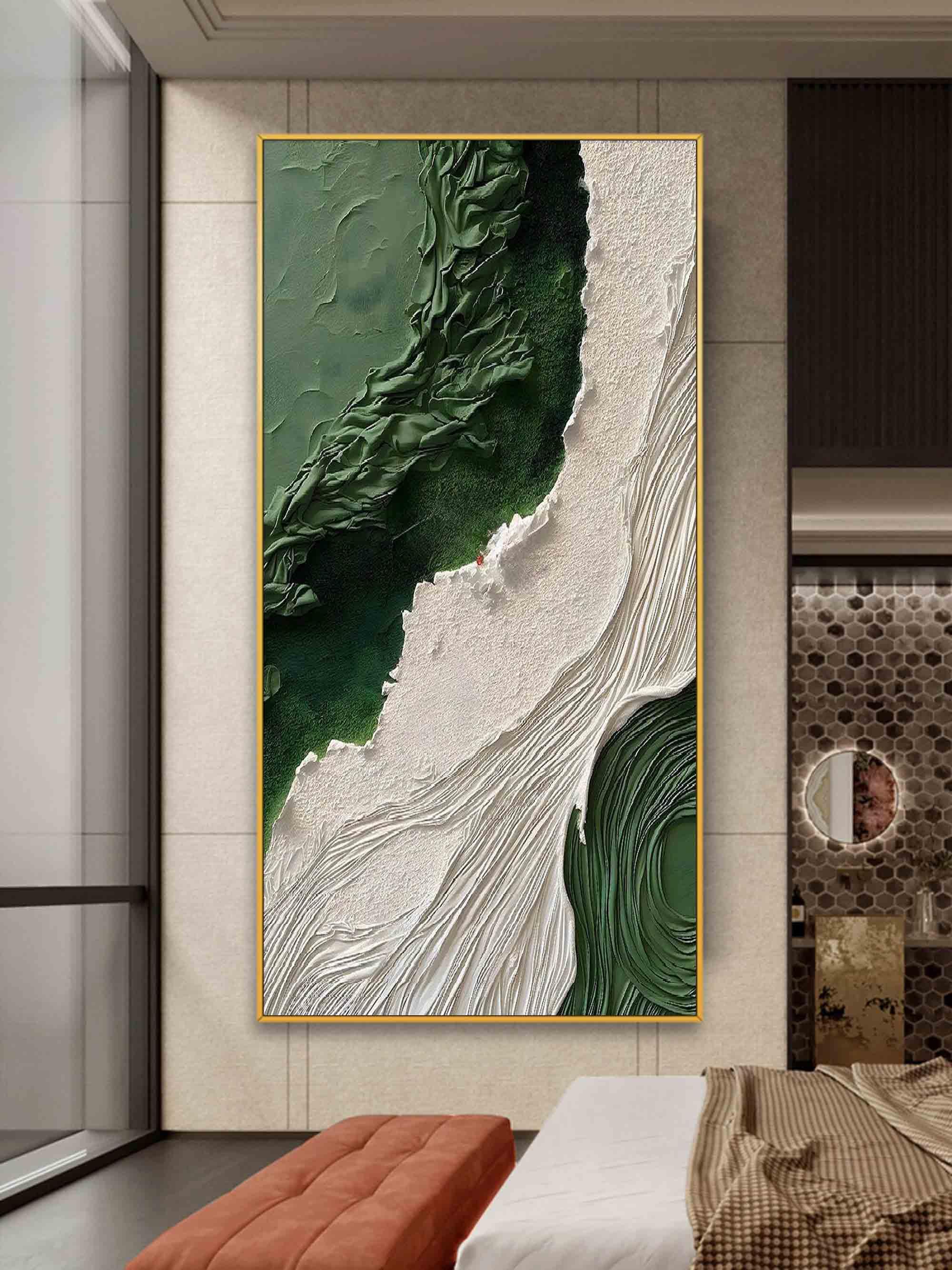 Emerald Tides Vertical Art-Modern Home Decoration 3D Green and White Minimalist Texture Wall Art