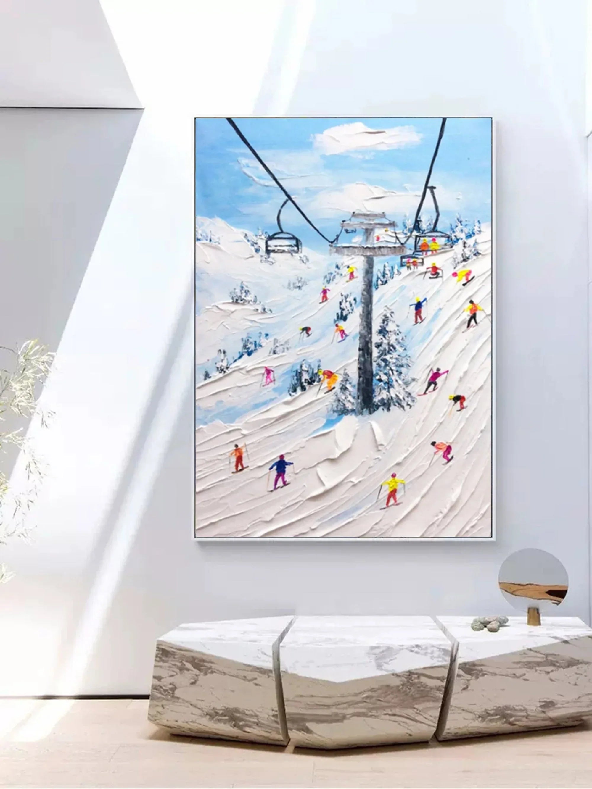 Alpine Adventure-Hand Drawn Thick Coated Ski Texture Oil Painting Wall Art