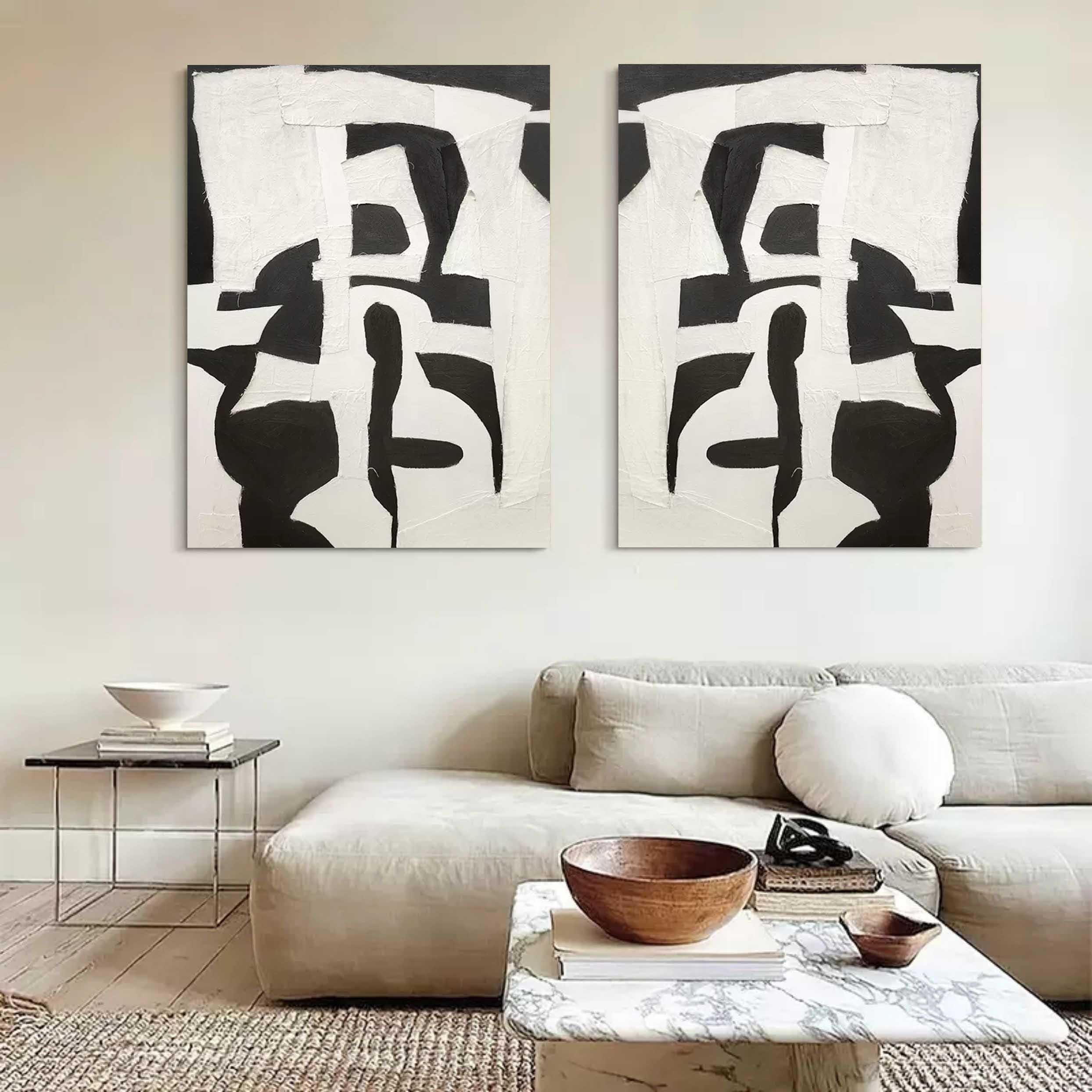 Monochrome Harmony SET OF 2-Modern Minimalist Abstract Geometric Block Wall Art