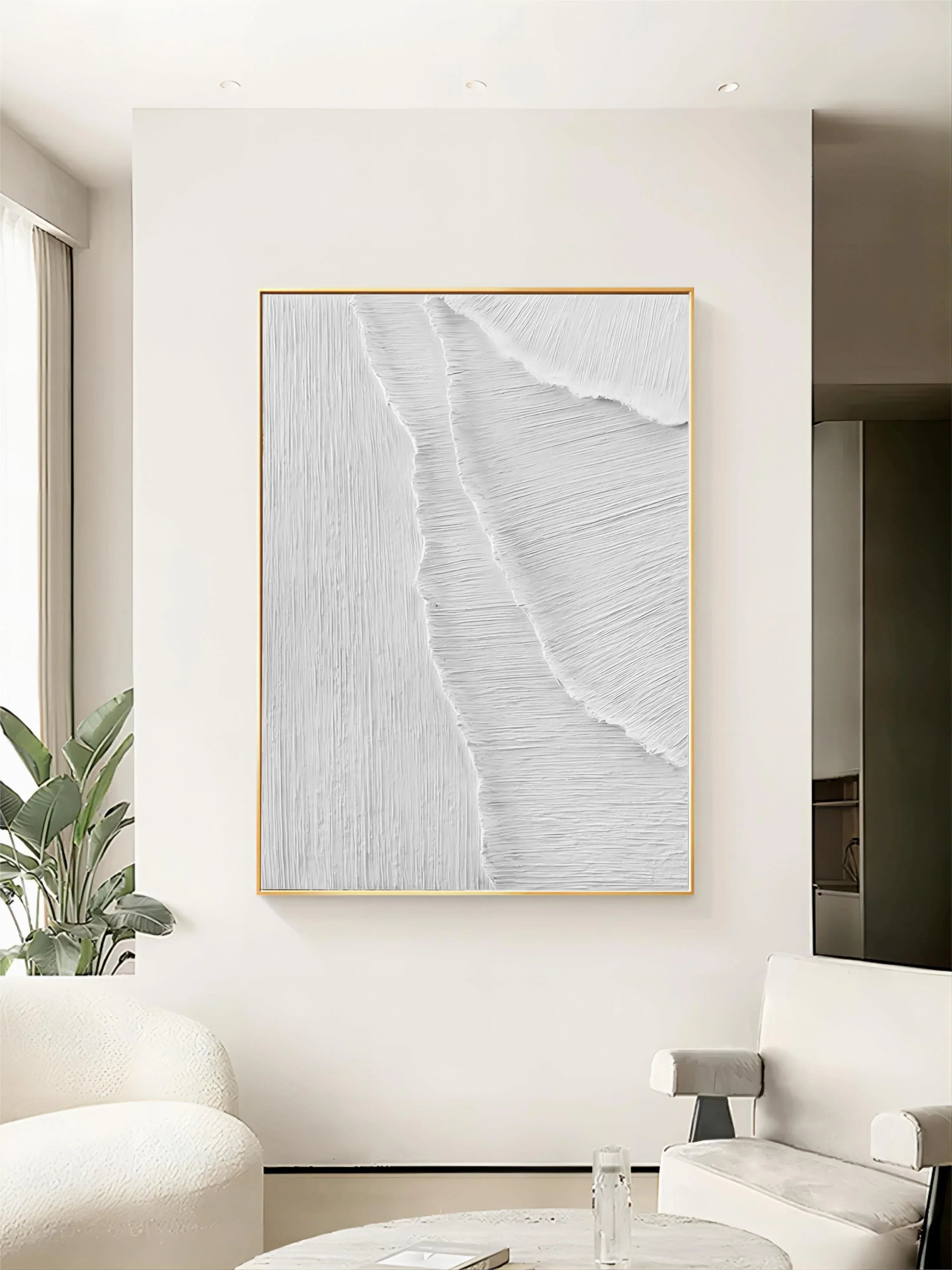 Minimalist Textured Layers-Minimalist Pure White Line Texture Wall Art