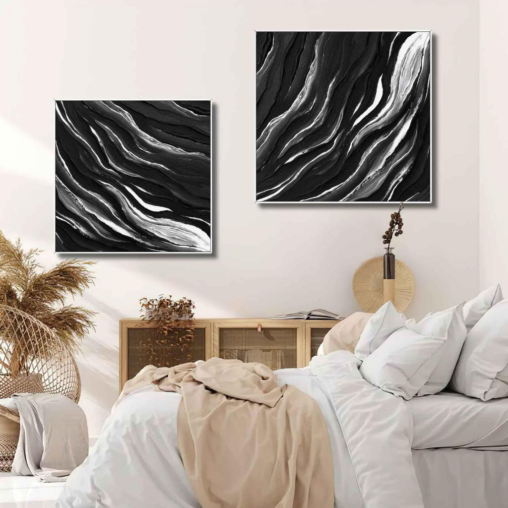 Monochrome Tides Diptych Set Of 2-Minimalist Hand Drawn Flowing Texture Abstract Wall Art