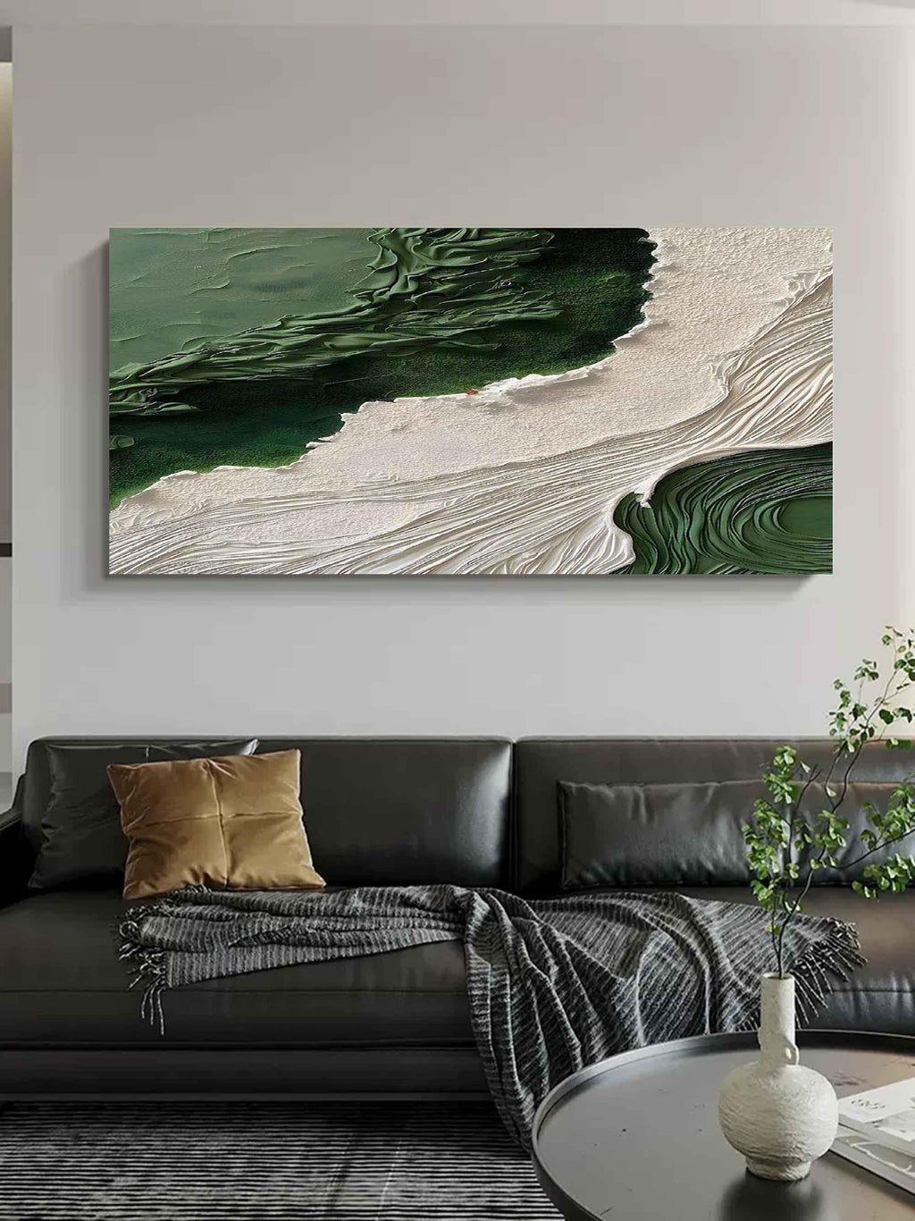 Emerald Shoreline Canvas Art-Hand Drawn Natural Texture Minimalist Abstract Wall Art