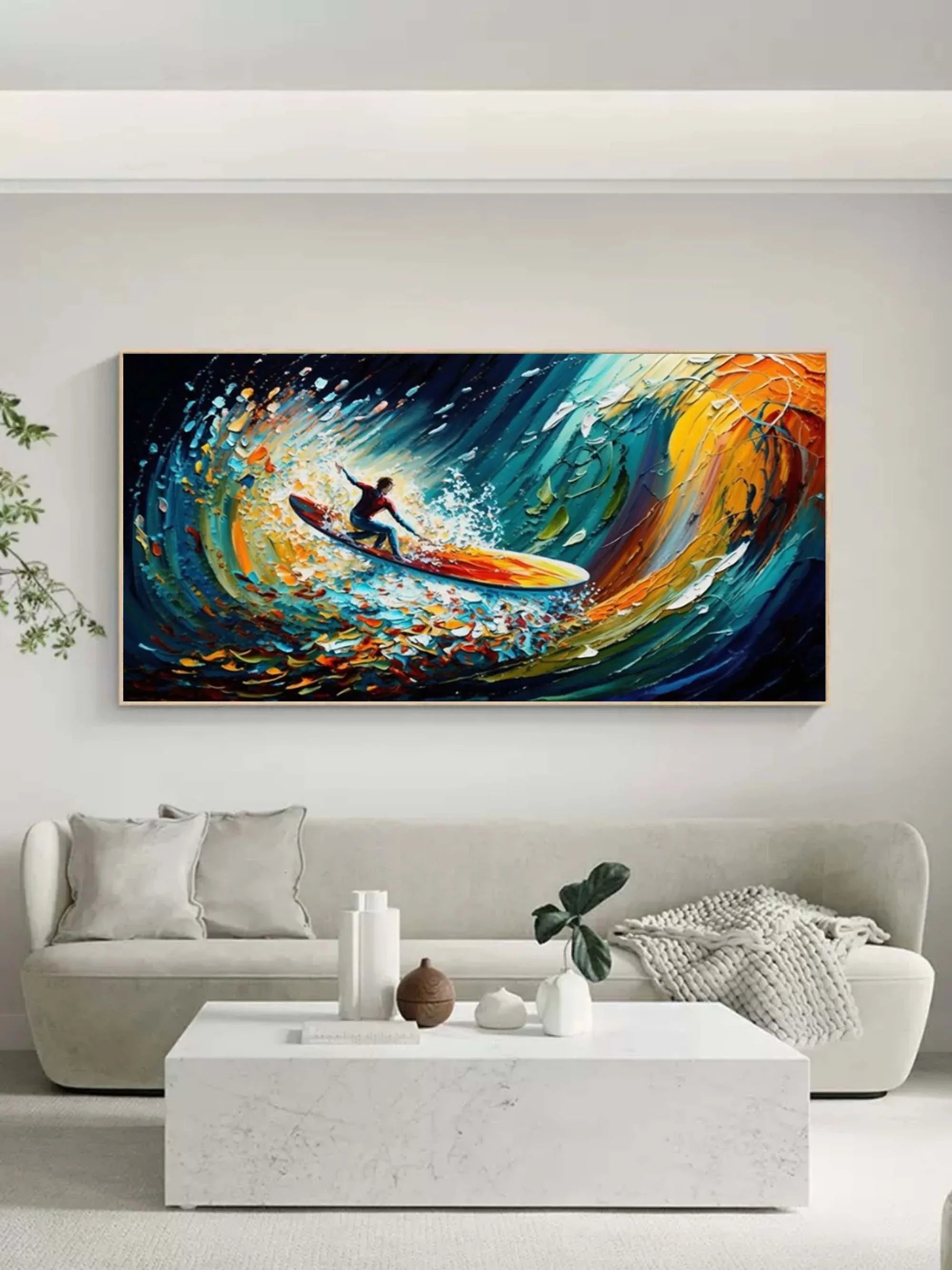 Riding the Wave - Dynamic Surfer Abstract Oil Painting for Modern Decor
