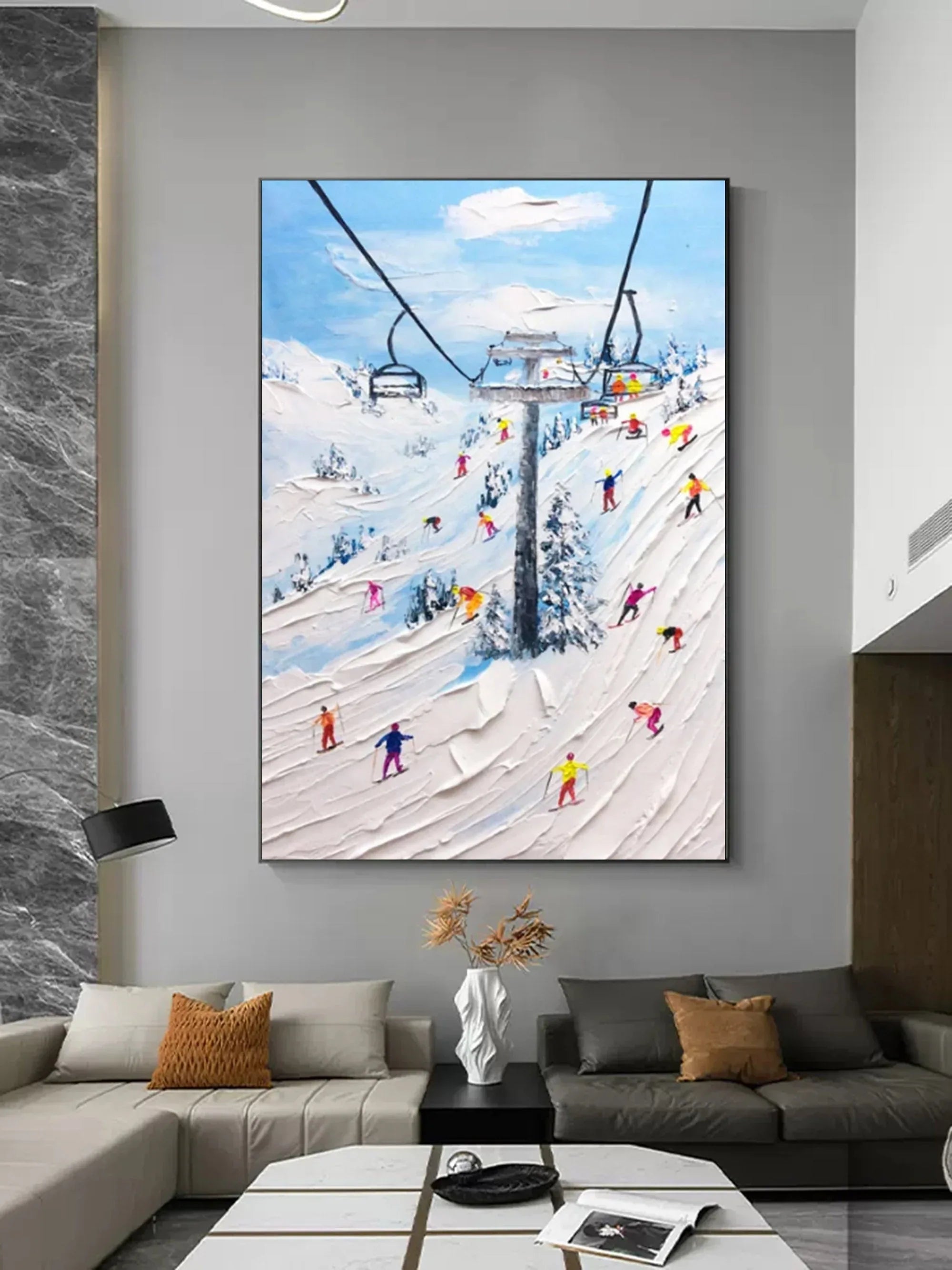 Alpine Adventure-Hand Drawn Thick Coated Ski Texture Oil Painting Wall Art