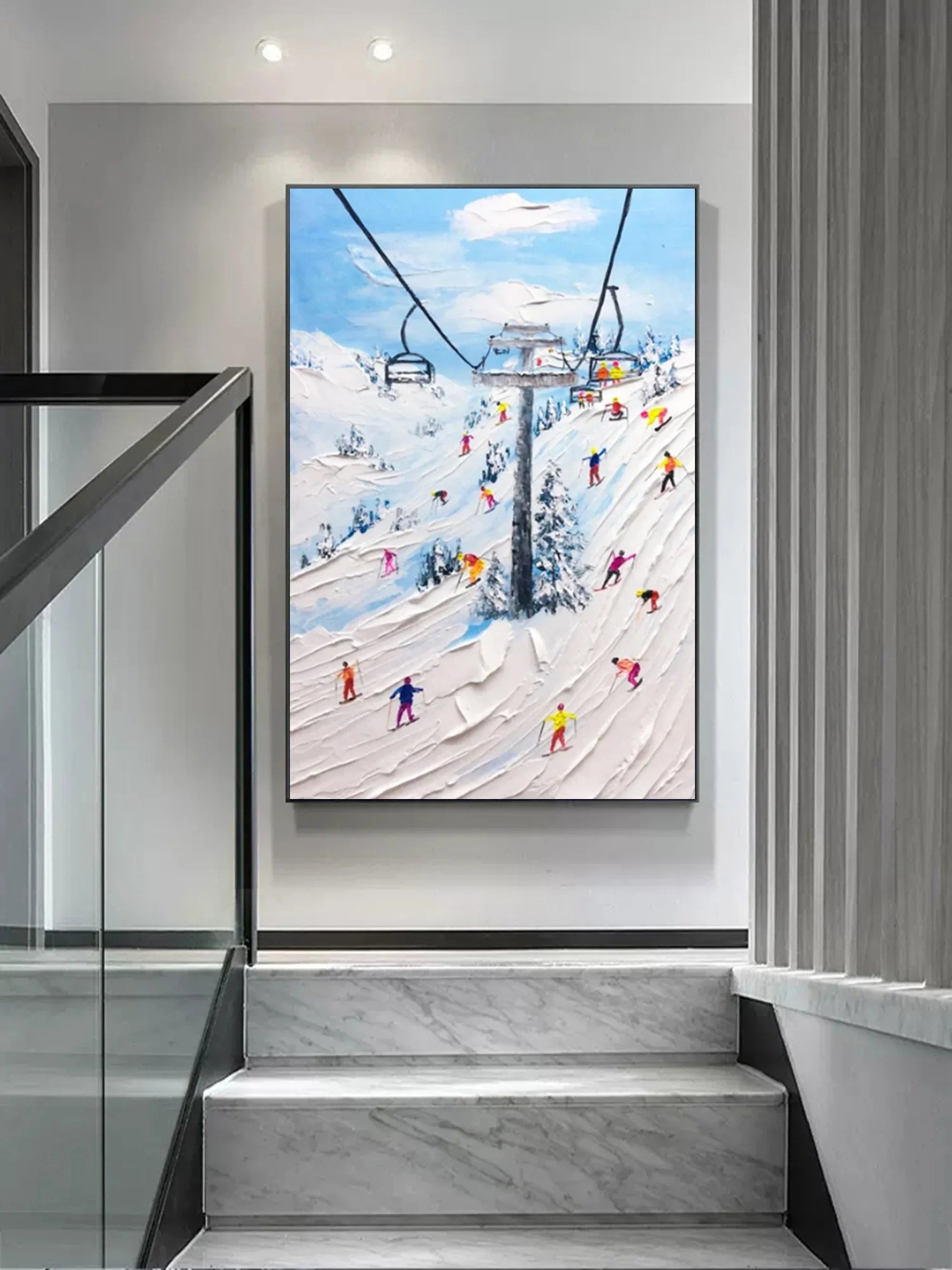 Alpine Adventure-Hand Drawn Thick Coated Ski Texture Oil Painting Wall Art