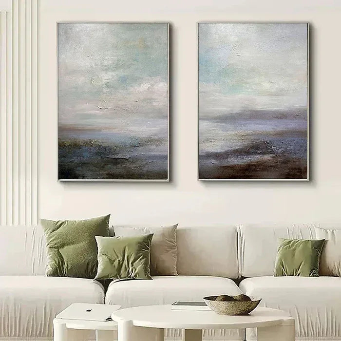 Serene Abstract Landscape Canvas Art - Ocean and Sky Painting Set of 2