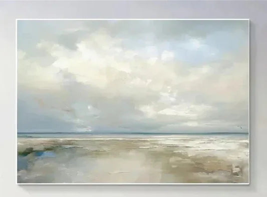 Coastal Clouds-Modern Minimalist Calm Ocean and Sky Texture Oil Painting Wall Art