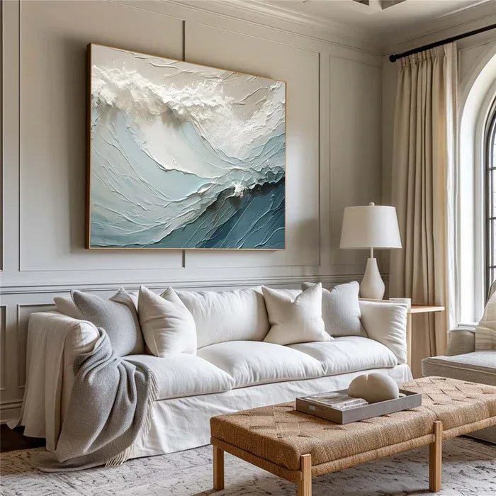 Cascading Ocean Layers-Textured Ocean Wave Oil Painting for Modern Interiors