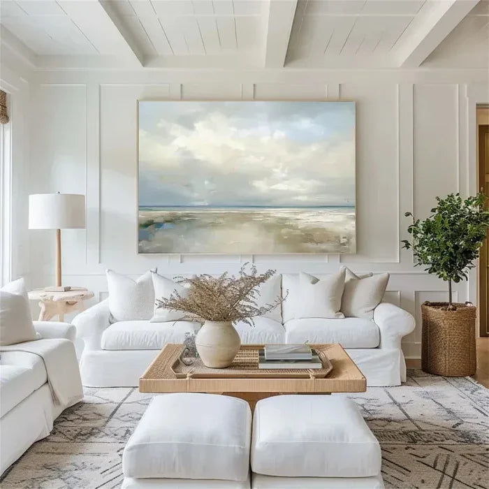 Coastal Clouds-Modern Minimalist Calm Ocean and Sky Texture Oil Painting Wall Art