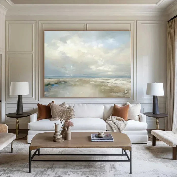 Coastal Clouds-Modern Minimalist Calm Ocean and Sky Texture Oil Painting Wall Art