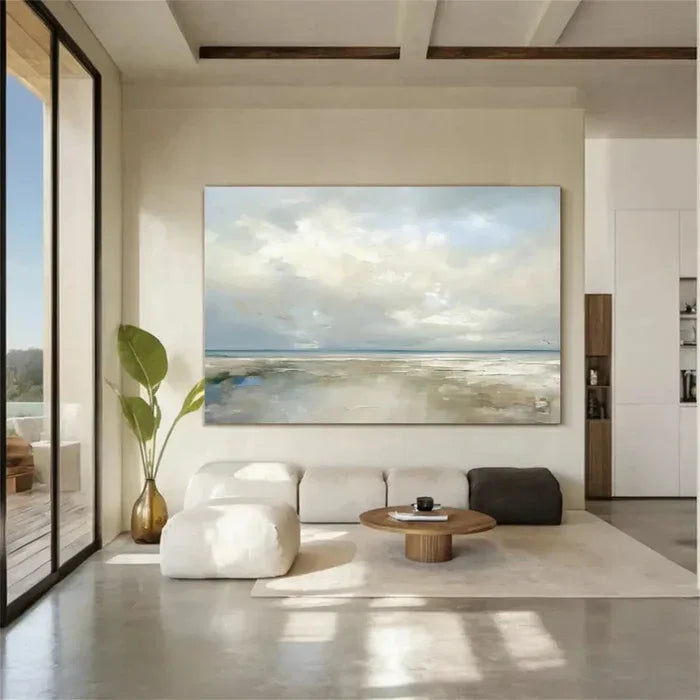 Coastal Clouds-Modern Minimalist Calm Ocean and Sky Texture Oil Painting Wall Art
