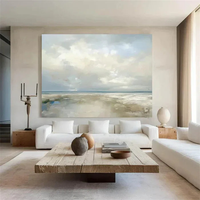 Coastal Clouds-Modern Minimalist Calm Ocean and Sky Texture Oil Painting Wall Art