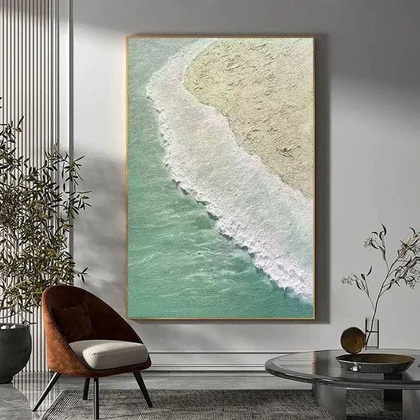 Coastal Serenity Wall Art-Hand drawn Soft Green Coast 3D Texture Oil Painting Wall Art