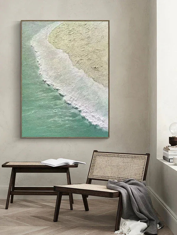 Coastal Serenity Wall Art-Hand drawn Soft Green Coast 3D Texture Oil Painting Wall Art