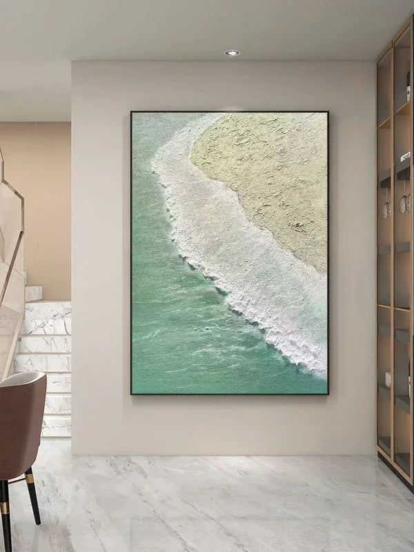Coastal Serenity Wall Art-Hand drawn Soft Green Coast 3D Texture Oil Painting Wall Art