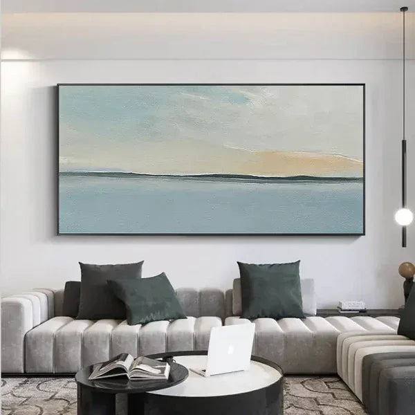Serene Sky and Ocean Horizon Canvas Art-Hand Drawn Abstract Sea View Texture Wall Art