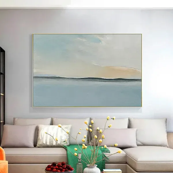 Serene Sky and Ocean Horizon Canvas Art-Hand Drawn Abstract Sea View Texture Wall Art
