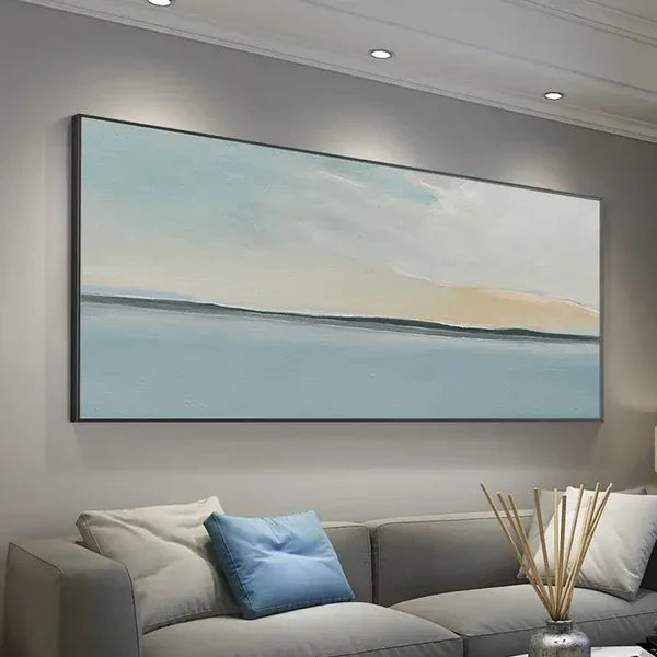 Serene Sky and Ocean Horizon Canvas Art-Hand Drawn Abstract Sea View Texture Wall Art