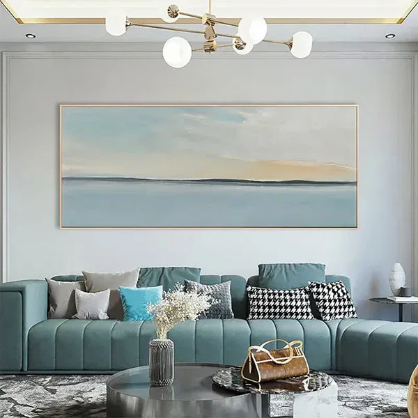 Serene Sky and Ocean Horizon Canvas Art-Hand Drawn Abstract Sea View Texture Wall Art