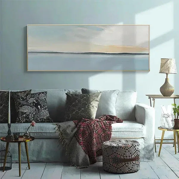 Serene Sky and Ocean Horizon Canvas Art-Hand Drawn Abstract Sea View Texture Wall Art