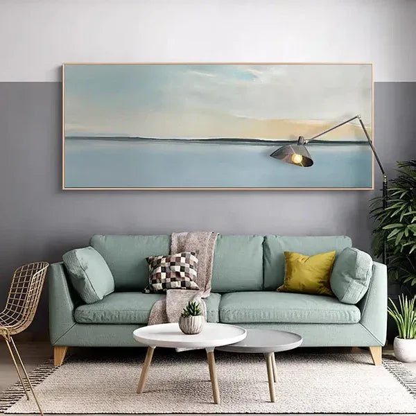 Serene Sky and Ocean Horizon Canvas Art-Hand Drawn Abstract Sea View Texture Wall Art