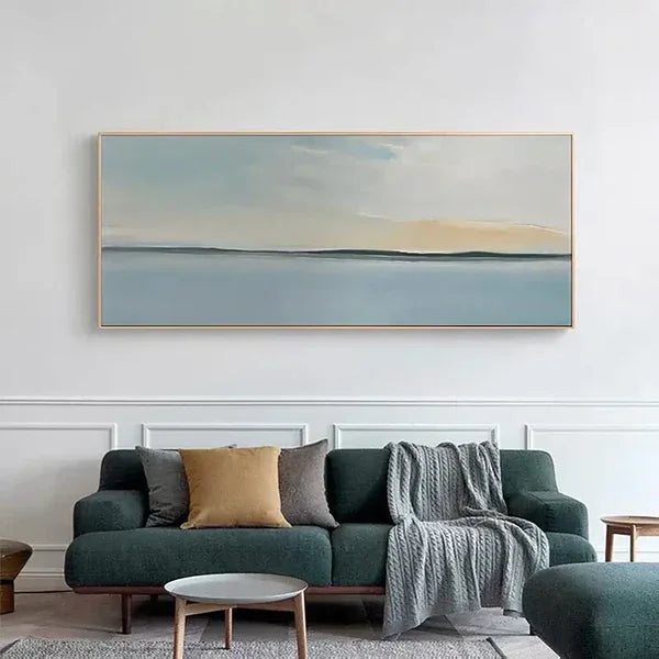 Serene Sky and Ocean Horizon Canvas Art-Hand Drawn Abstract Sea View Texture Wall Art