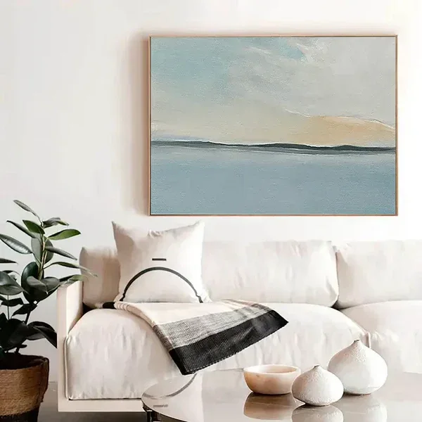 Serene Sky and Ocean Horizon Canvas Art-Hand Drawn Abstract Sea View Texture Wall Art