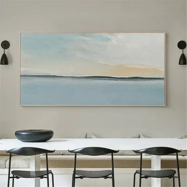 Serene Sky and Ocean Horizon Canvas Art-Hand Drawn Abstract Sea View Texture Wall Art