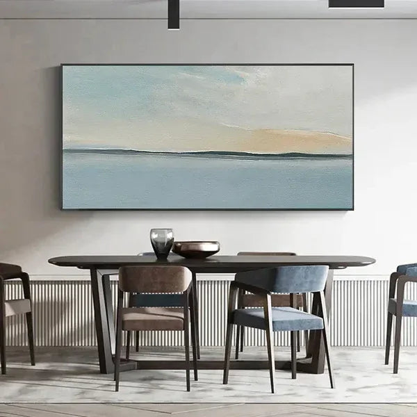 Serene Sky and Ocean Horizon Canvas Art-Hand Drawn Abstract Sea View Texture Wall Art
