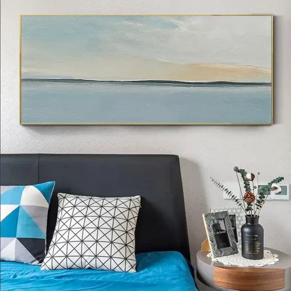 Serene Sky and Ocean Horizon Canvas Art-Hand Drawn Abstract Sea View Texture Wall Art