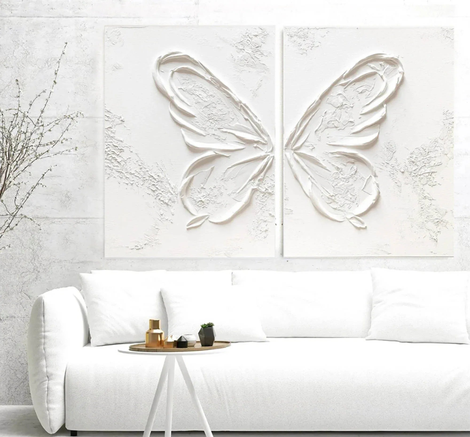 Ethereal Butterfly Diptych Set Of 2-Symmetrical Pure White Three-Dimensional Butterfly Minimalist Abstract Wall Art