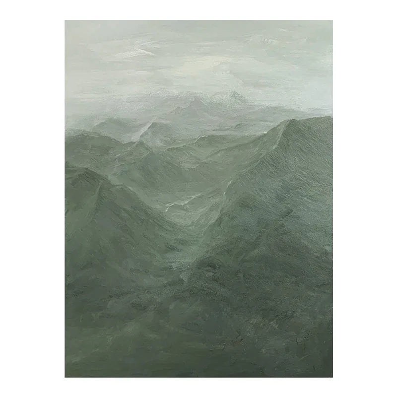 Misty Green Mountain Abstract Oil Painting - Tranquil Wall Art