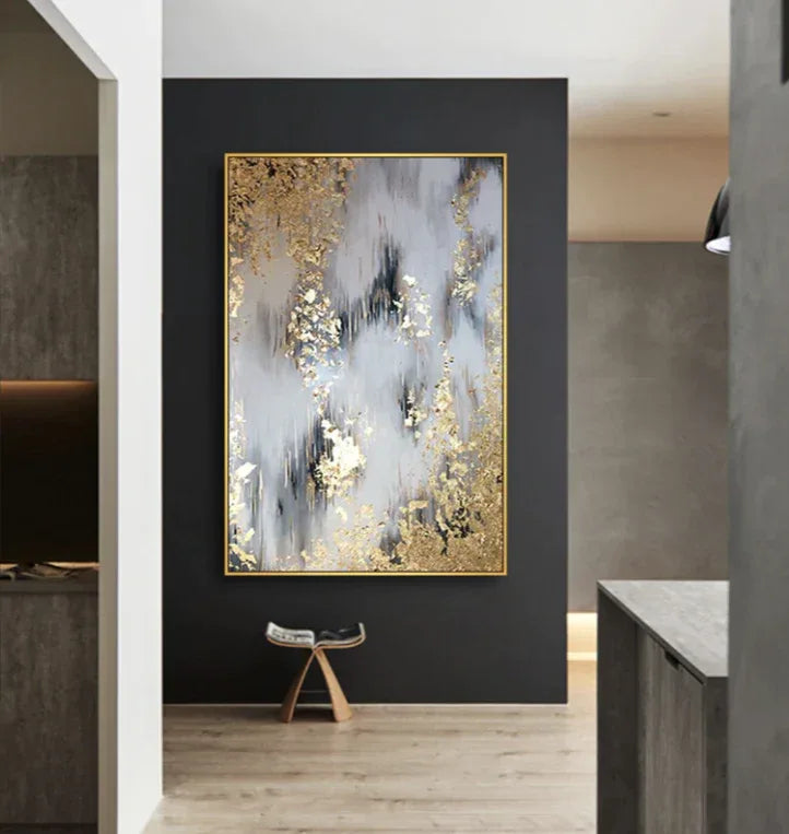 Flowing Gold-Modern Abstract Oil Painting Art Wall With Gold Foil Texture