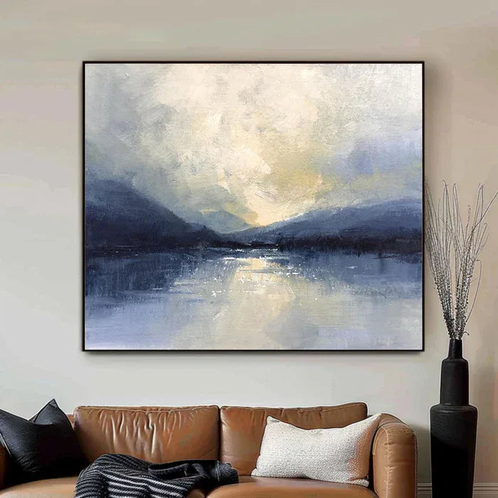 Silent Horizon - Hand-Painted Blue Abstract Landscape Oil Painting#AB14097
