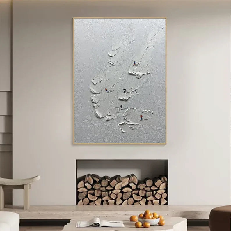 Snowy Ski Fun - Hand-Painted 3D Skiing Scene Texture Vertical Oil Painting Wall Art