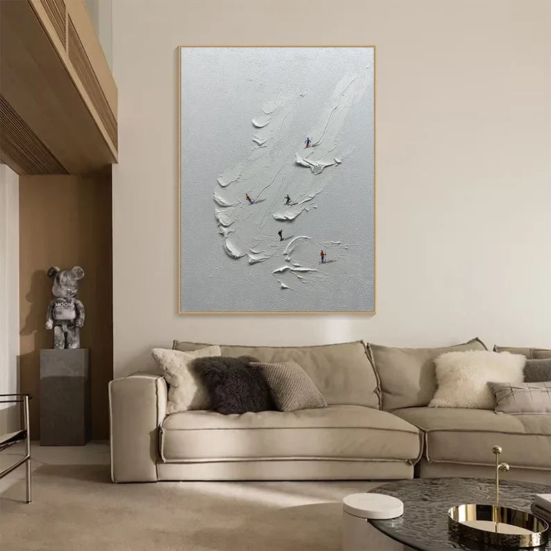 Snowy Ski Fun - Hand-Painted 3D Skiing Scene Texture Vertical Oil Painting Wall Art