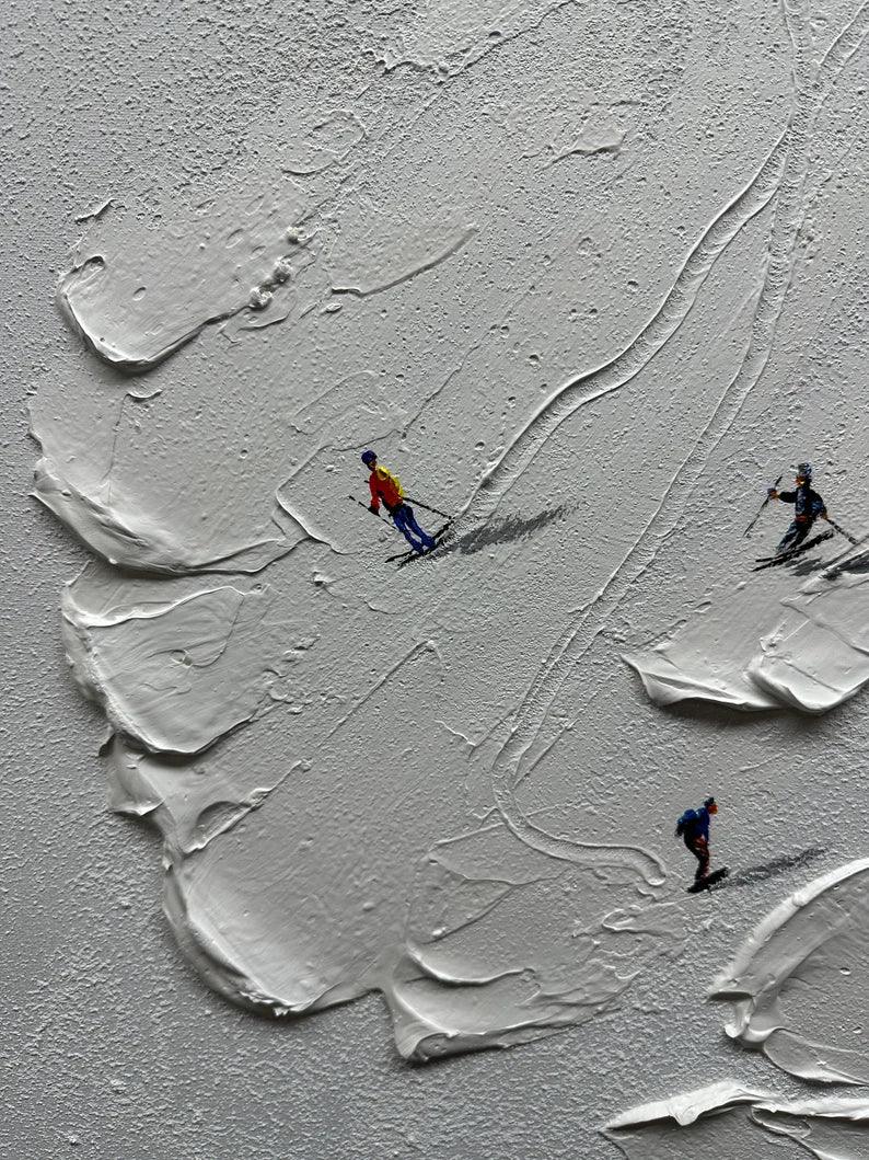 Snowy Ski Fun - Hand-Painted 3D Skiing Scene Texture Vertical Oil Painting Wall Art