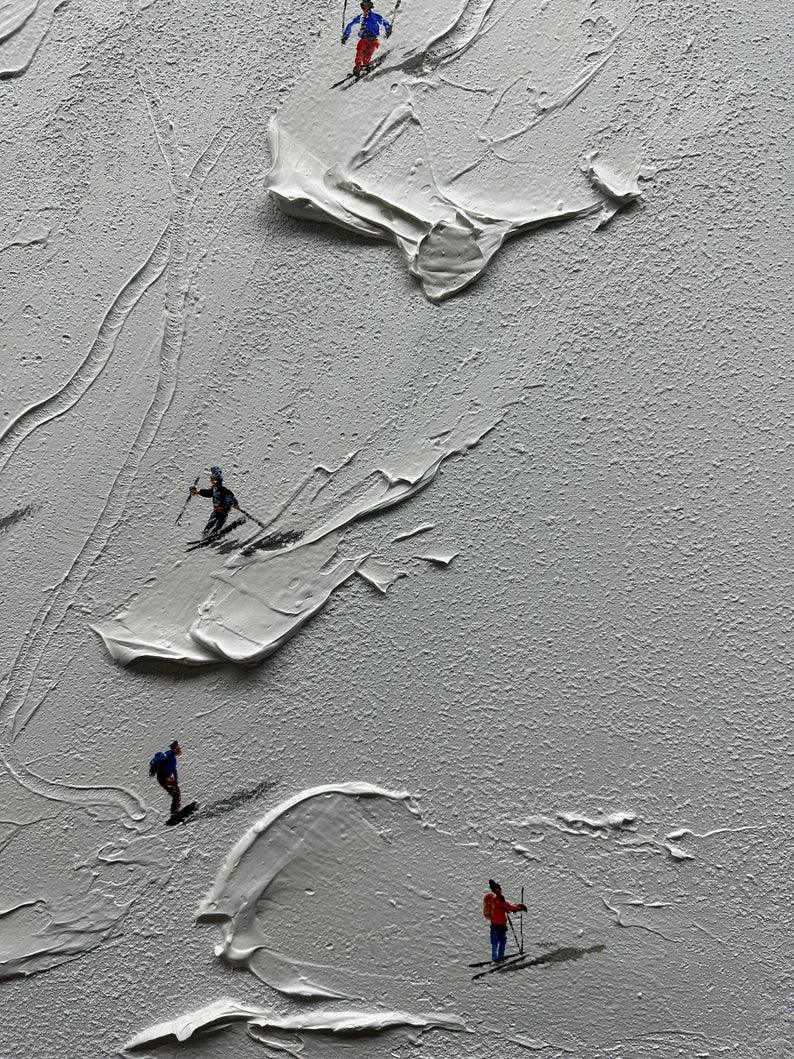 Snowy Ski Fun - Hand-Painted 3D Skiing Scene Texture Vertical Oil Painting Wall Art