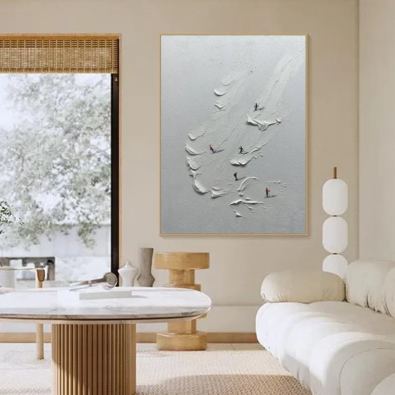 Snowy Ski Fun - Hand-Painted 3D Skiing Scene Texture Vertical Oil Painting Wall Art