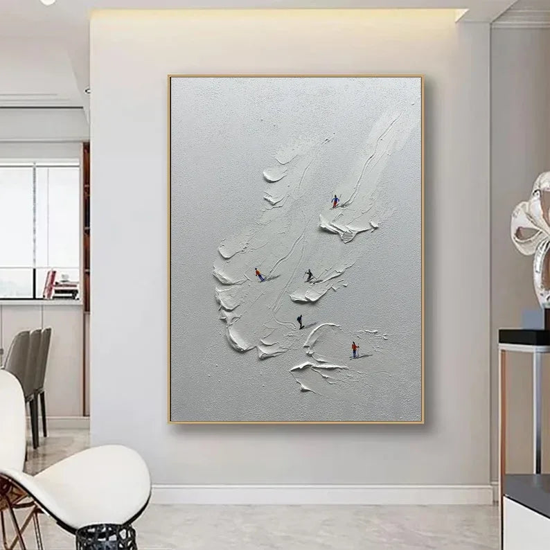 Snowy Ski Fun - Hand-Painted 3D Skiing Scene Texture Vertical Oil Painting Wall Art