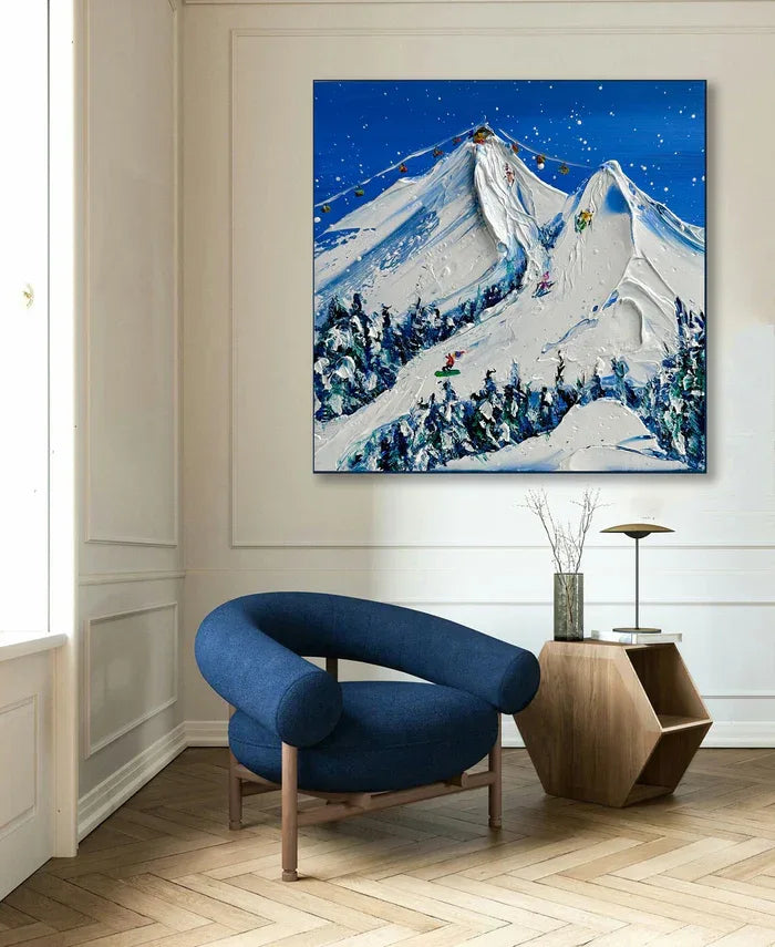 Snowy Mountain Ski Lift Scene - Winter Sports Textured Oil Painting