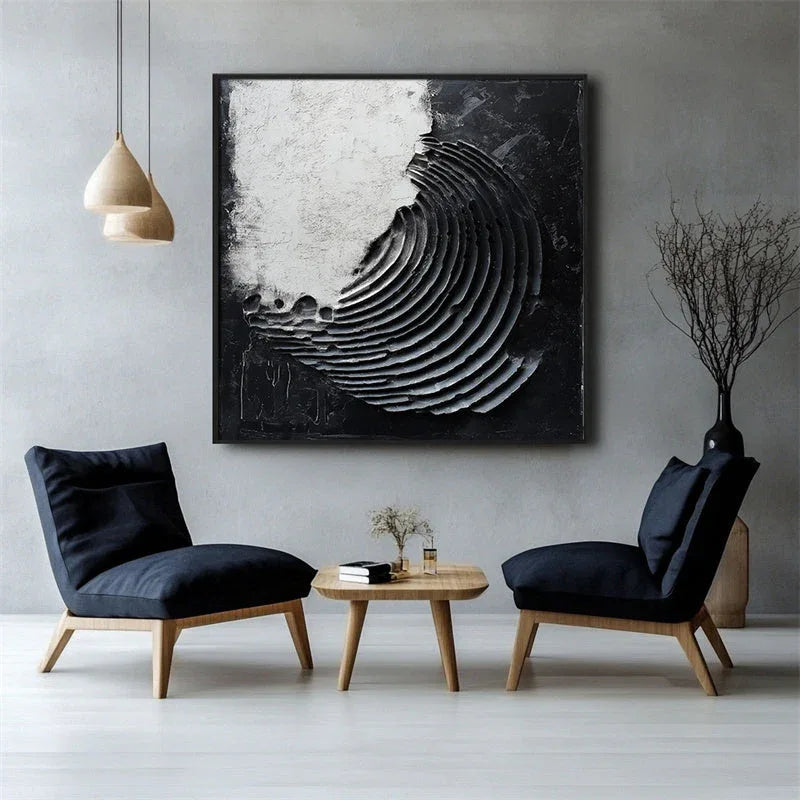 Echoes of Balance-Modern Minimalist 3D Black and White Curved Decorative Oil Painting Wall Art
