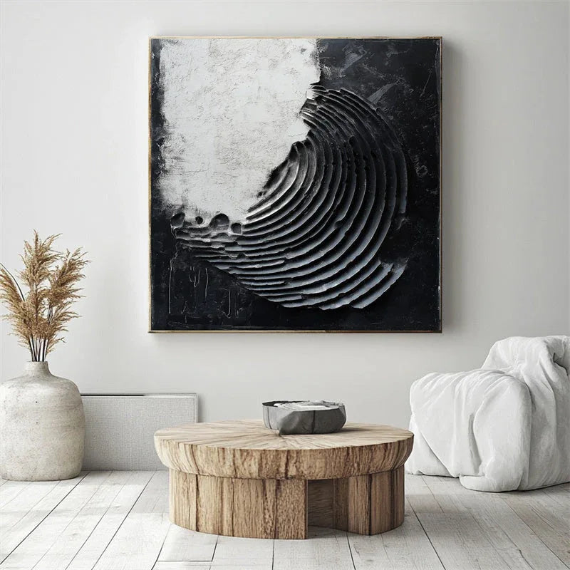 Echoes of Balance-Modern Minimalist 3D Black and White Curved Decorative Oil Painting Wall Art