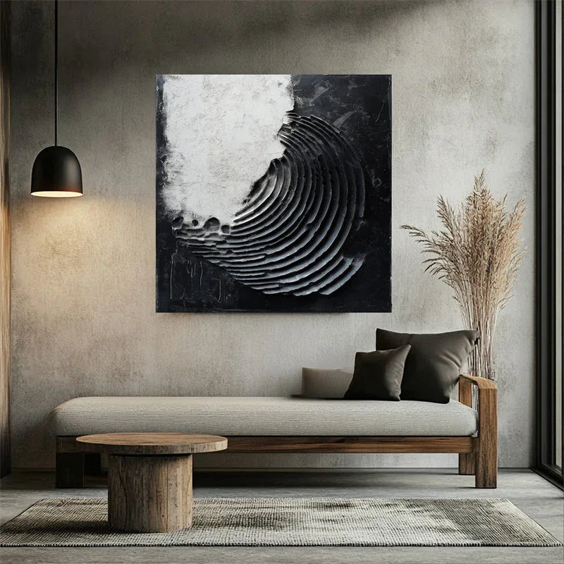 Echoes of Balance-Modern Minimalist 3D Black and White Curved Decorative Oil Painting Wall Art