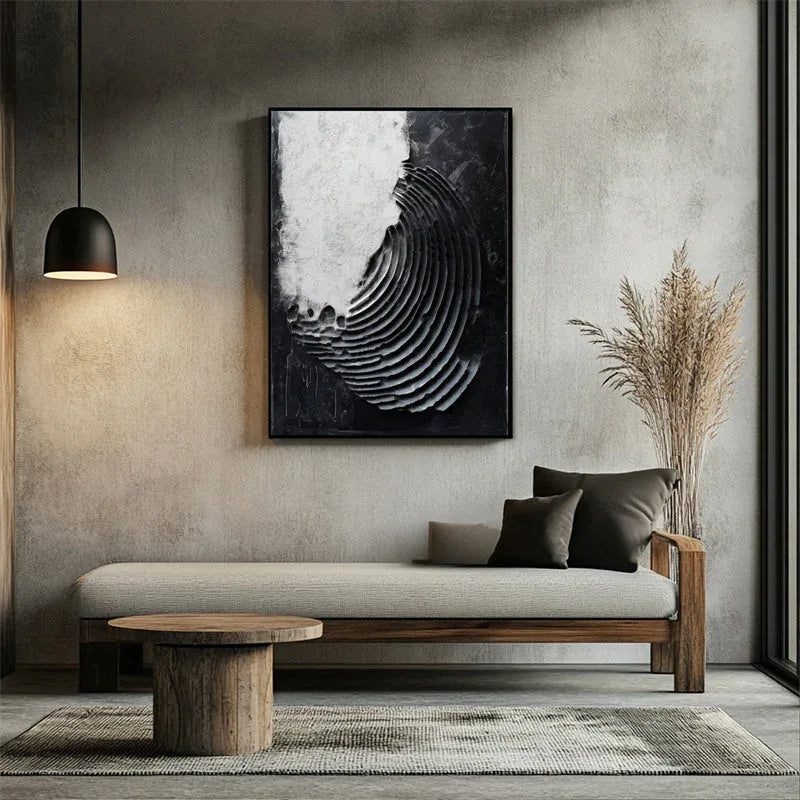 Eclipsed Waves-Modern Minimalist Spiral Layered Black and White Texture Abstract Wall Art