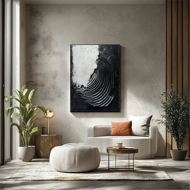Eclipsed Waves-Modern Minimalist Spiral Layered Black and White Texture Abstract Wall Art