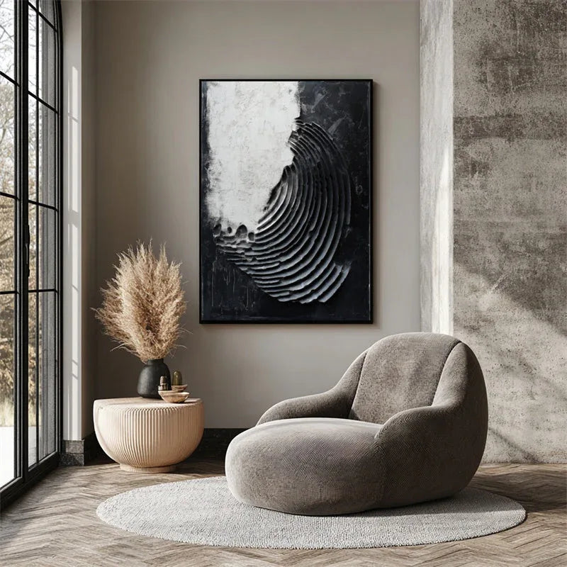Eclipsed Waves-Modern Minimalist Spiral Layered Black and White Texture Abstract Wall Art