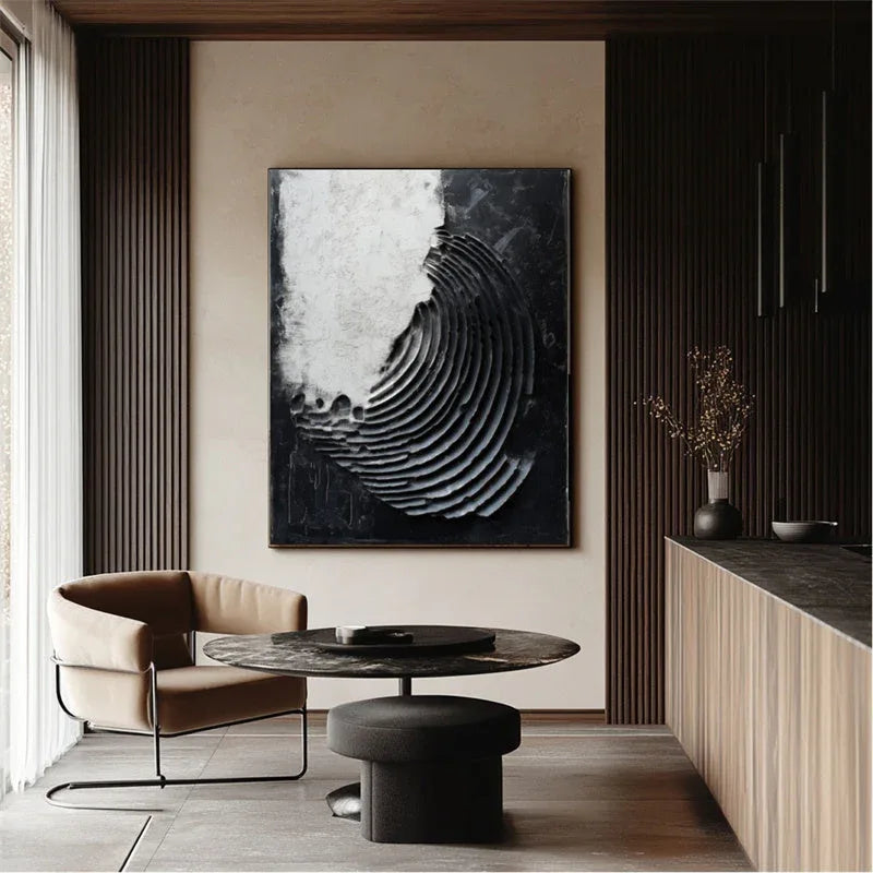 Eclipsed Waves-Modern Minimalist Spiral Layered Black and White Texture Abstract Wall Art