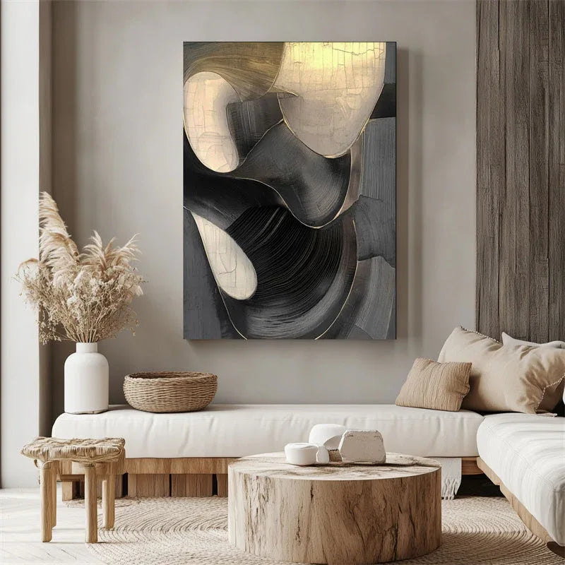 Golden Eclipse-3D Geometric Black Gold Flowing Surface Abstract Wall Art