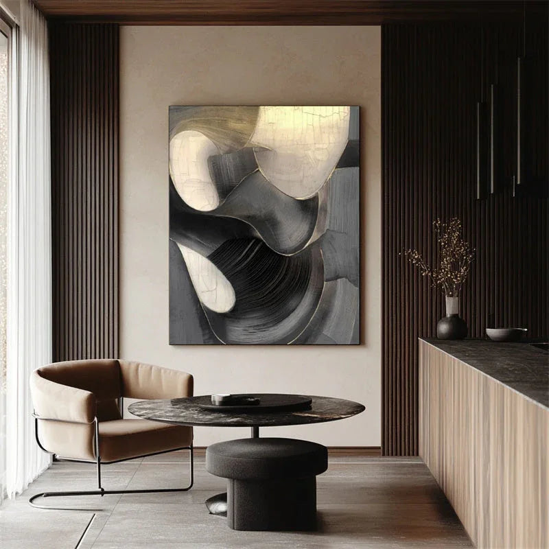 Golden Eclipse-3D Geometric Black Gold Flowing Surface Abstract Wall Art